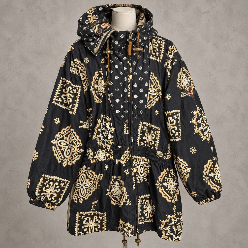 Vintage Ski Jacket Obermeyer 12 Long Black Gold 80s 90s Bandana Print Colorblock